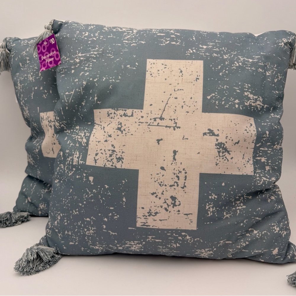 Set of 2 Blue and Cream Decorative Throw Pillows